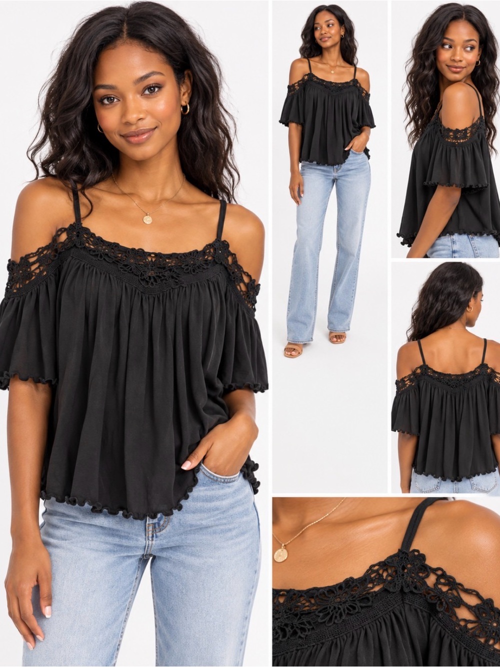 Free People Black Crochet Cold Shoulder Boho Top Size Small